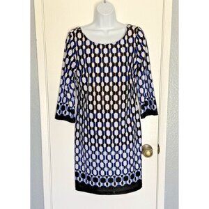 AB Studio Blue & Black Round Neck Geometric Print Shift Dress SZ Medium